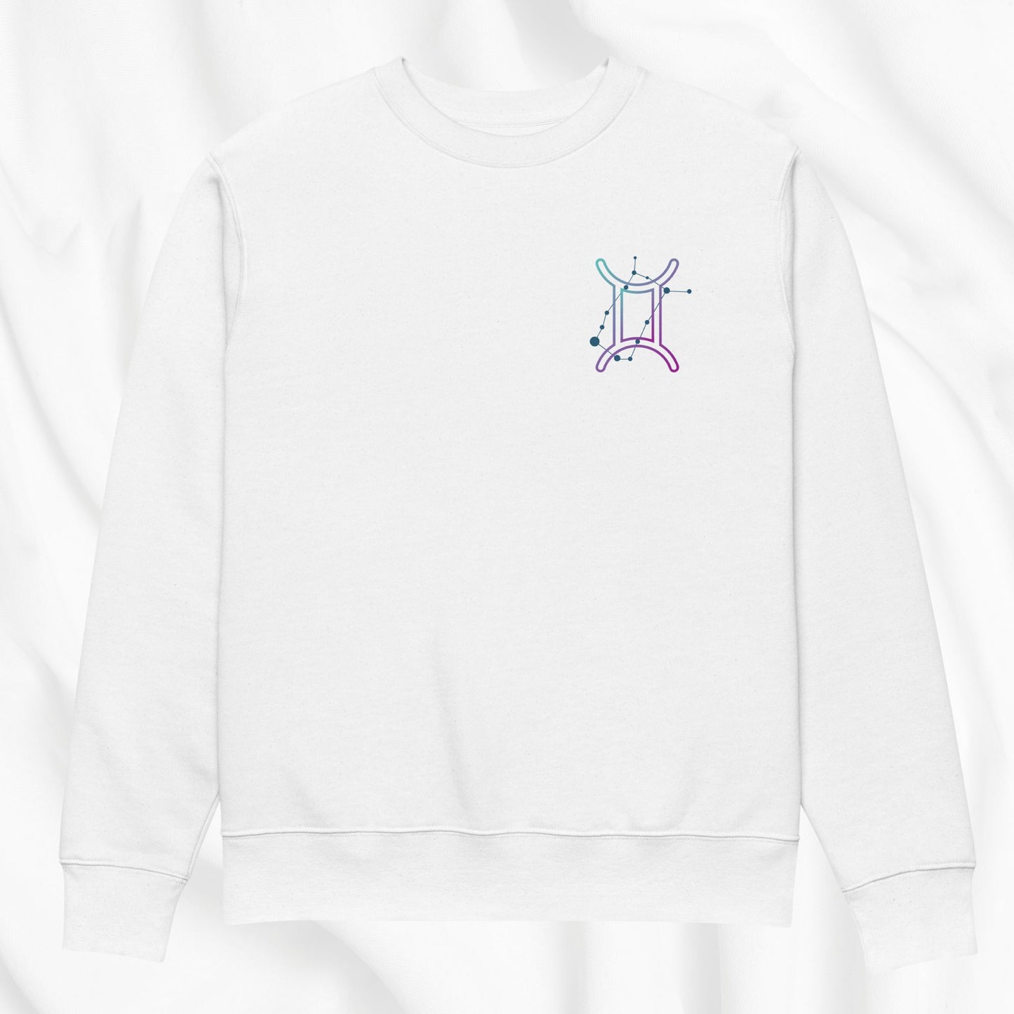 White sweatshirt with a colorful graphic on a white background