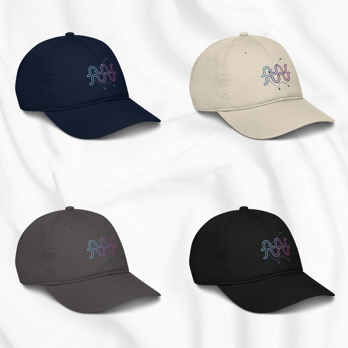 Four baseball caps in navy, beige, gray, and black with an aquarius embroidered design on a white background