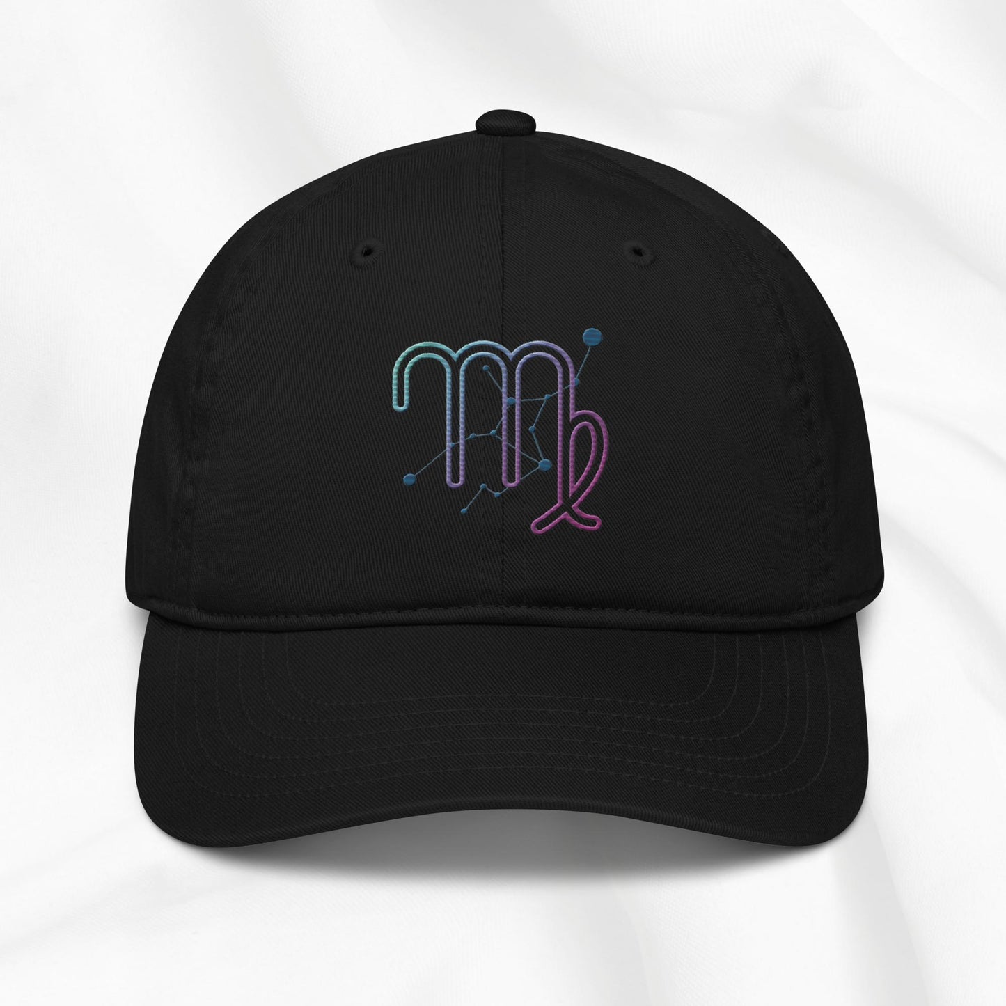 Black organic cotton baseball cap with an embroidered virgo zodiac design on a white background