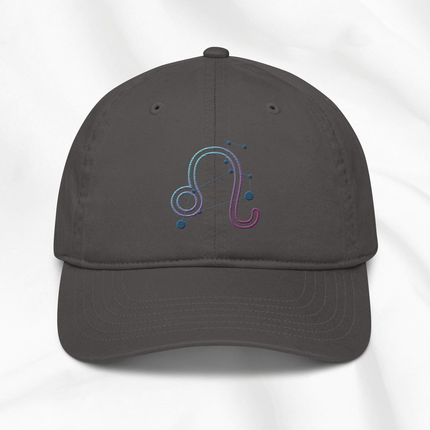 Gray organic cotton baseball cap with embroidered Leo zodiac design on a white background