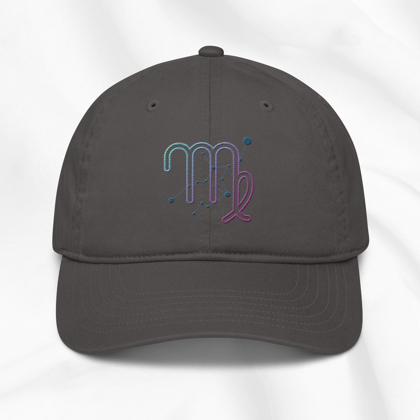 Gray organic cotton baseball cap with an embroidered virgo zodiac design on a white background.