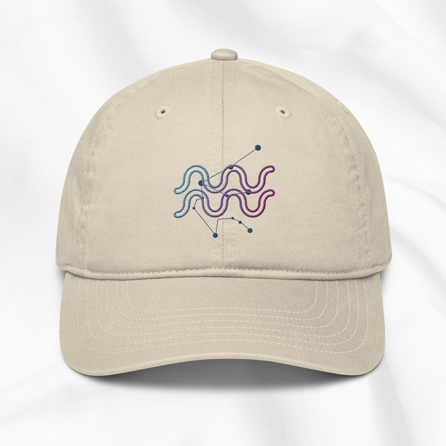 Organic cotton baseball cap in beige with zodiac design embroidered in multi color