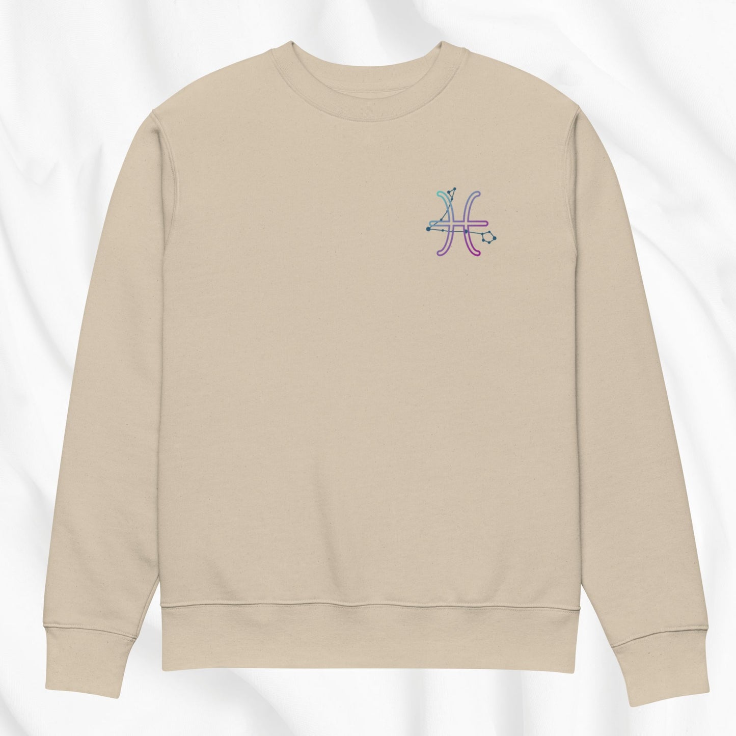 Beige sweatshirt with a colorful logo on a white background