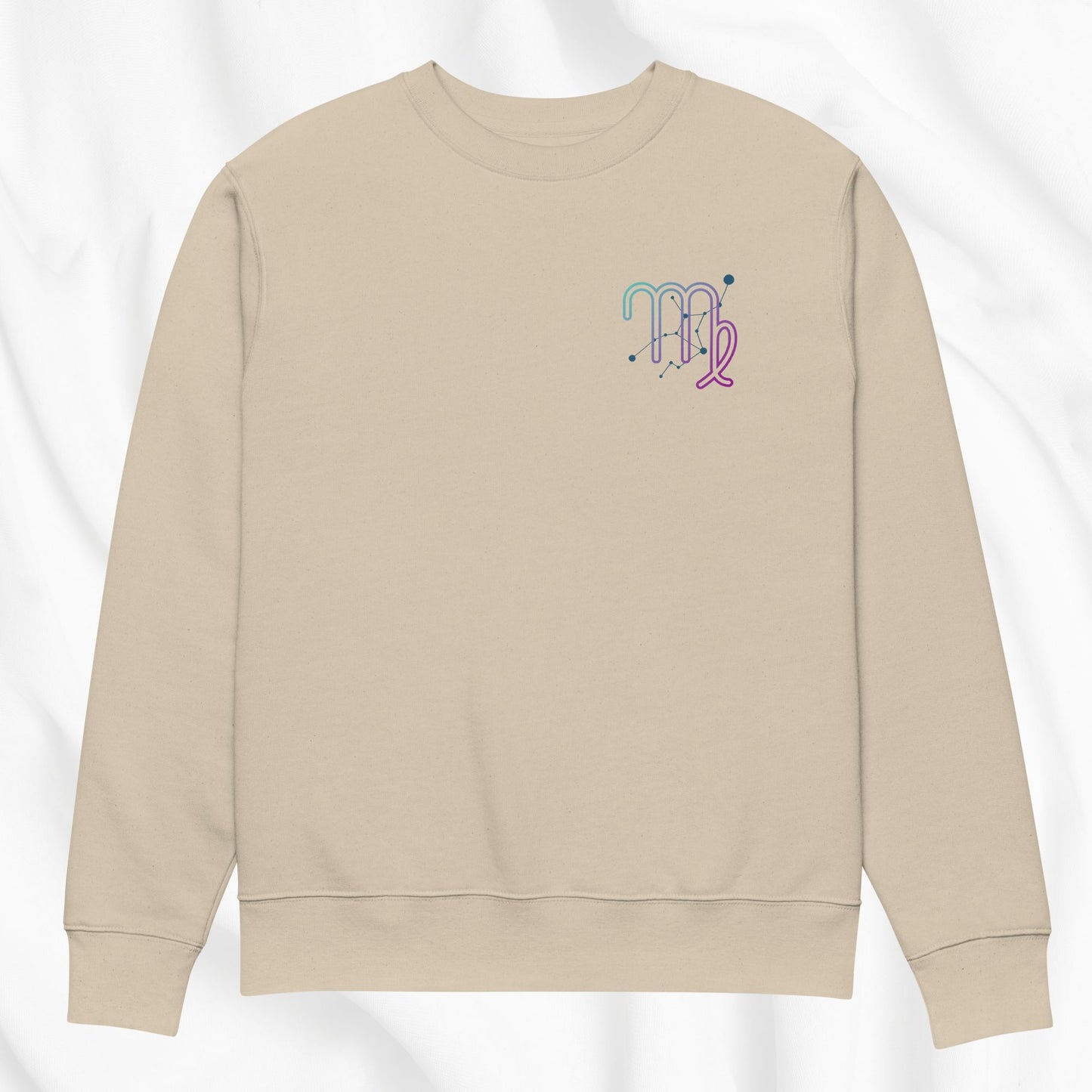 Beige sweatshirt with colorful design on a white background