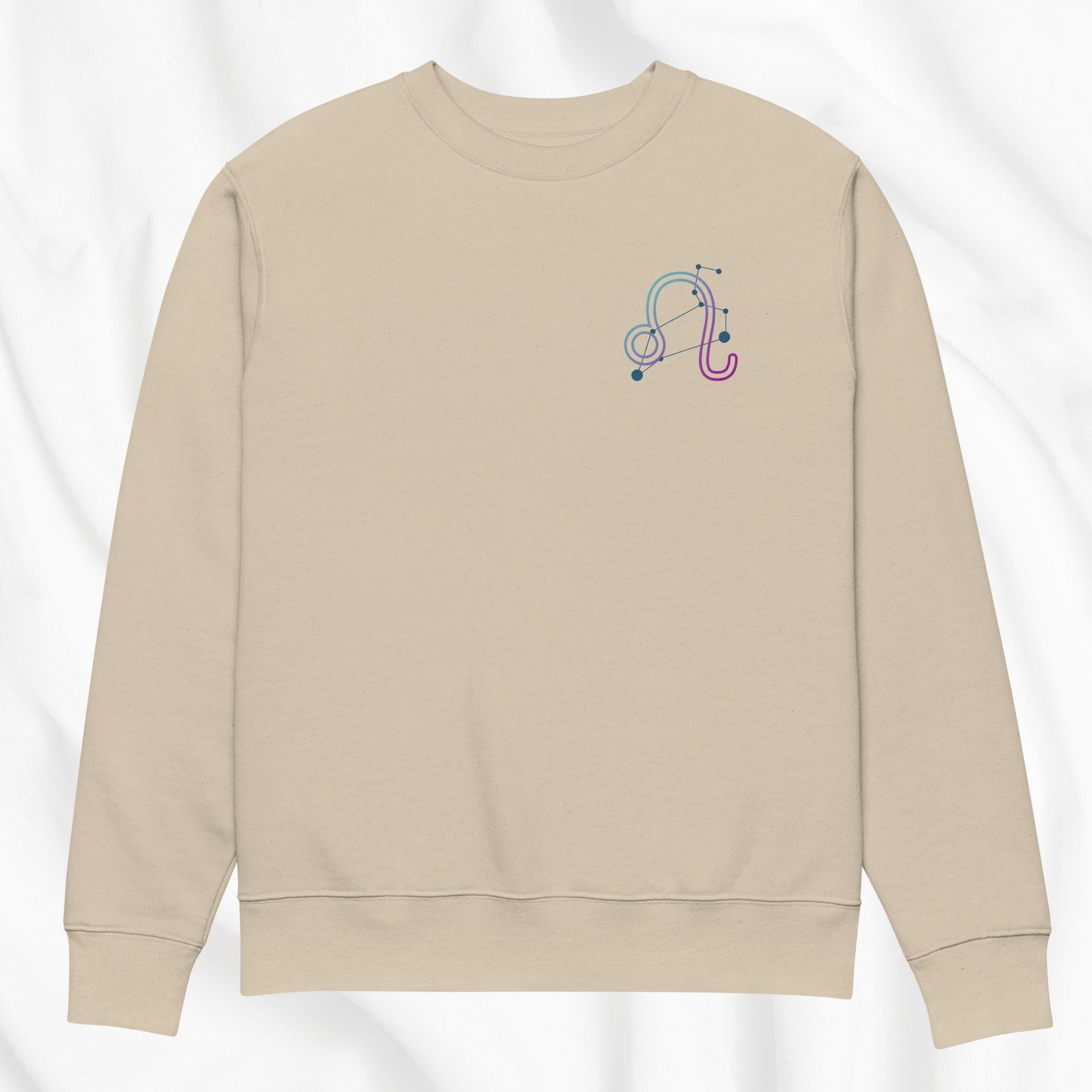 Beige sweatshirt with a colorful design on a white background