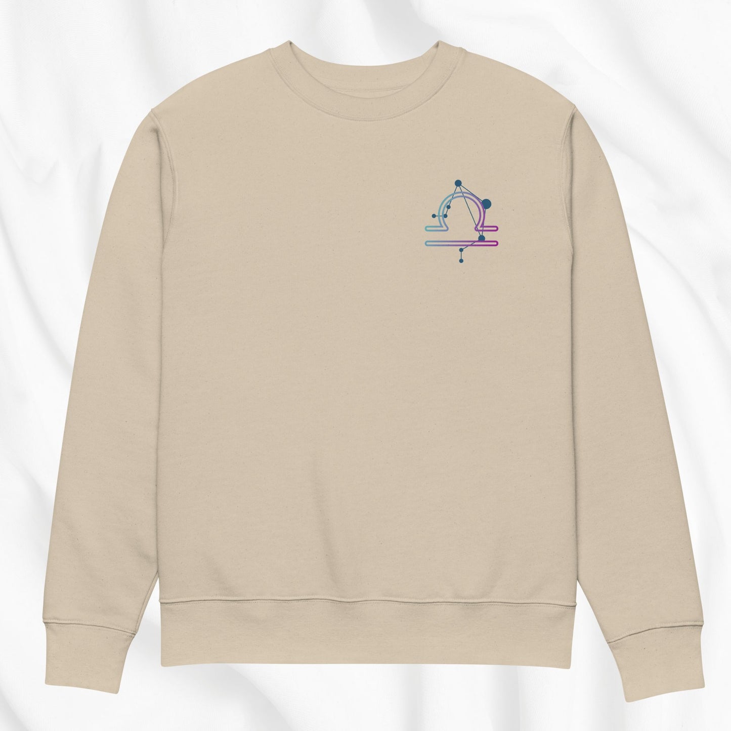 Beige sweatshirt with a colorful design on a white background
