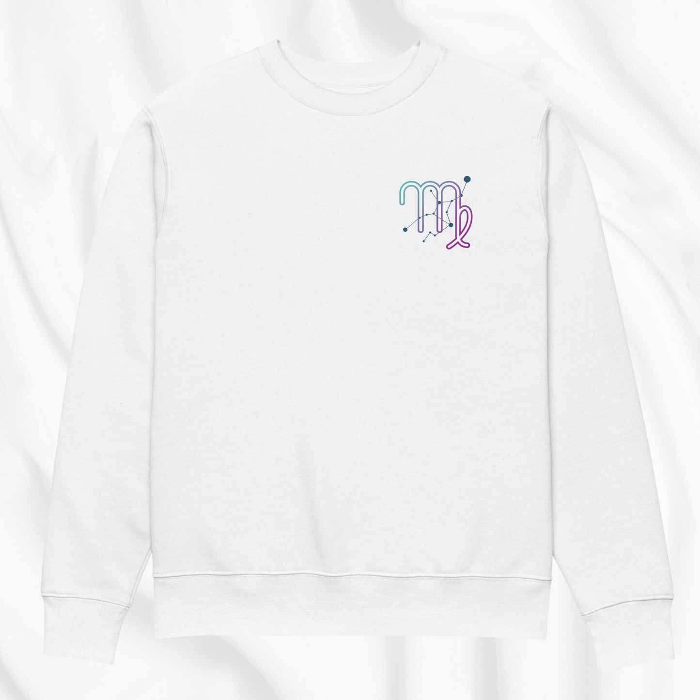 White hoodie with a colorful logo on a white background