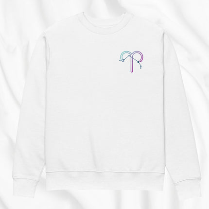 White sweatshirt with a colorful printed zodiac design on a white background