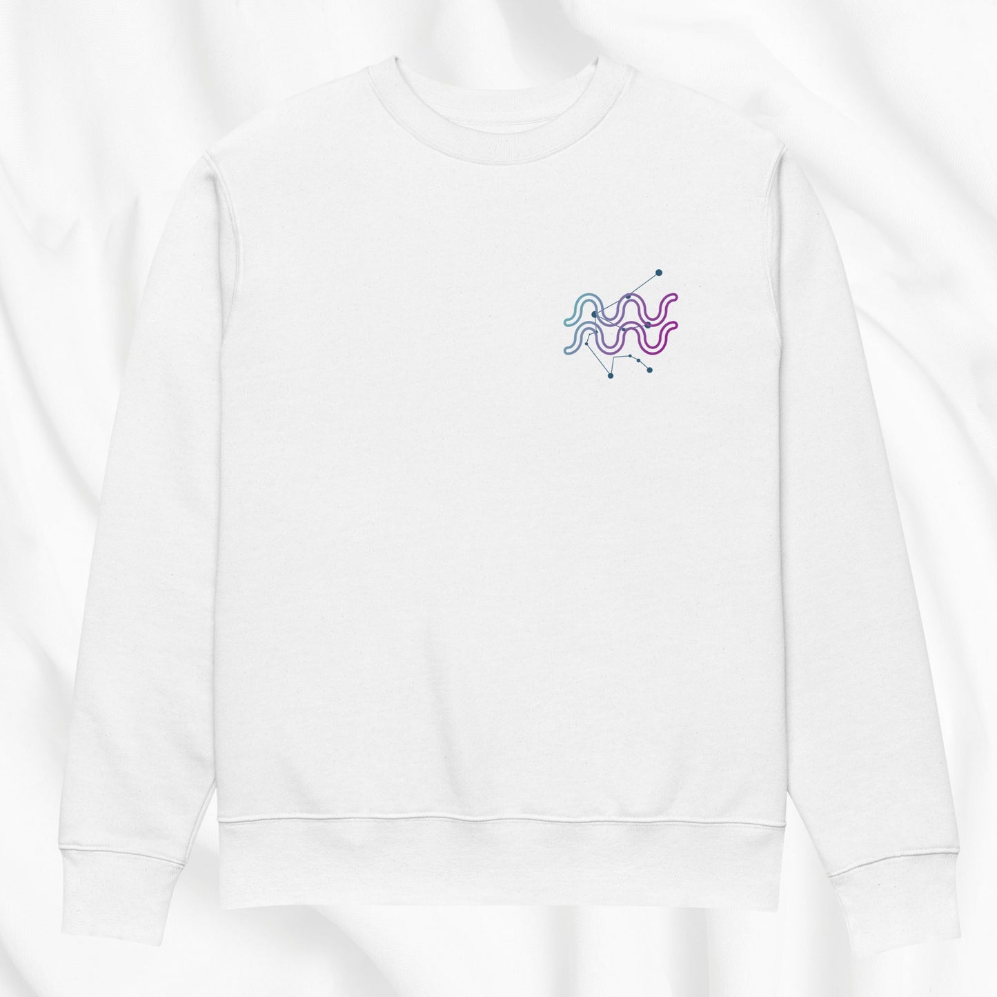 White hoodie with a colorful Aquarius design on the chest against a white background