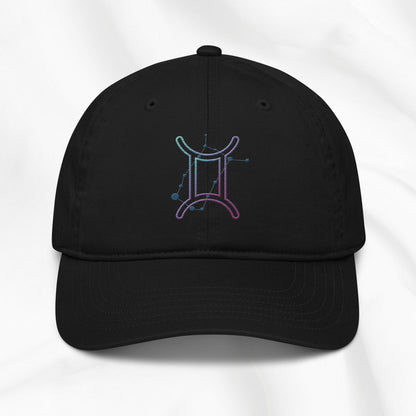 Black organic cotton baseball cap with embroidered gemini graphic on white background