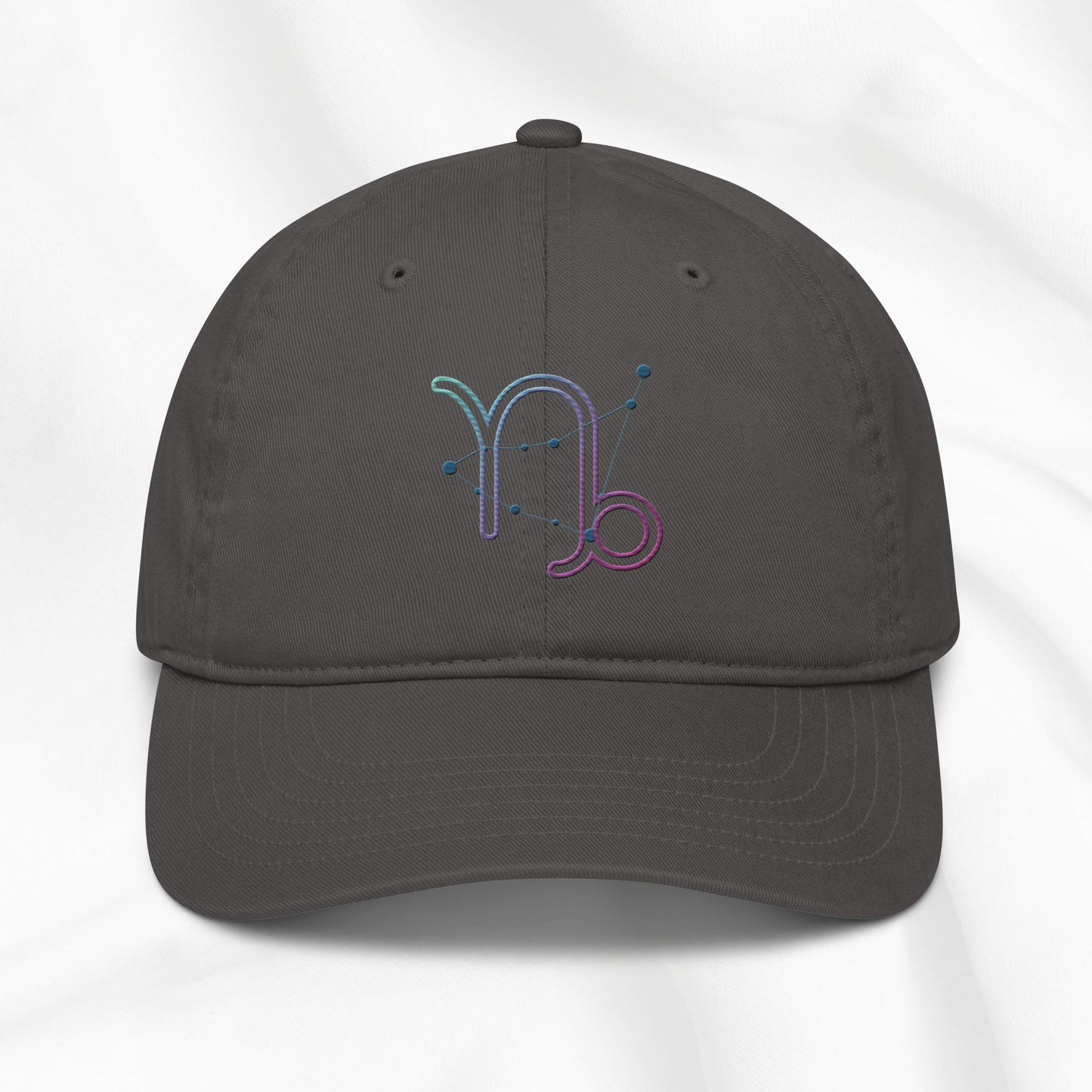 gray organic cotton baseball cap with embroidered capricorn graphic on white background