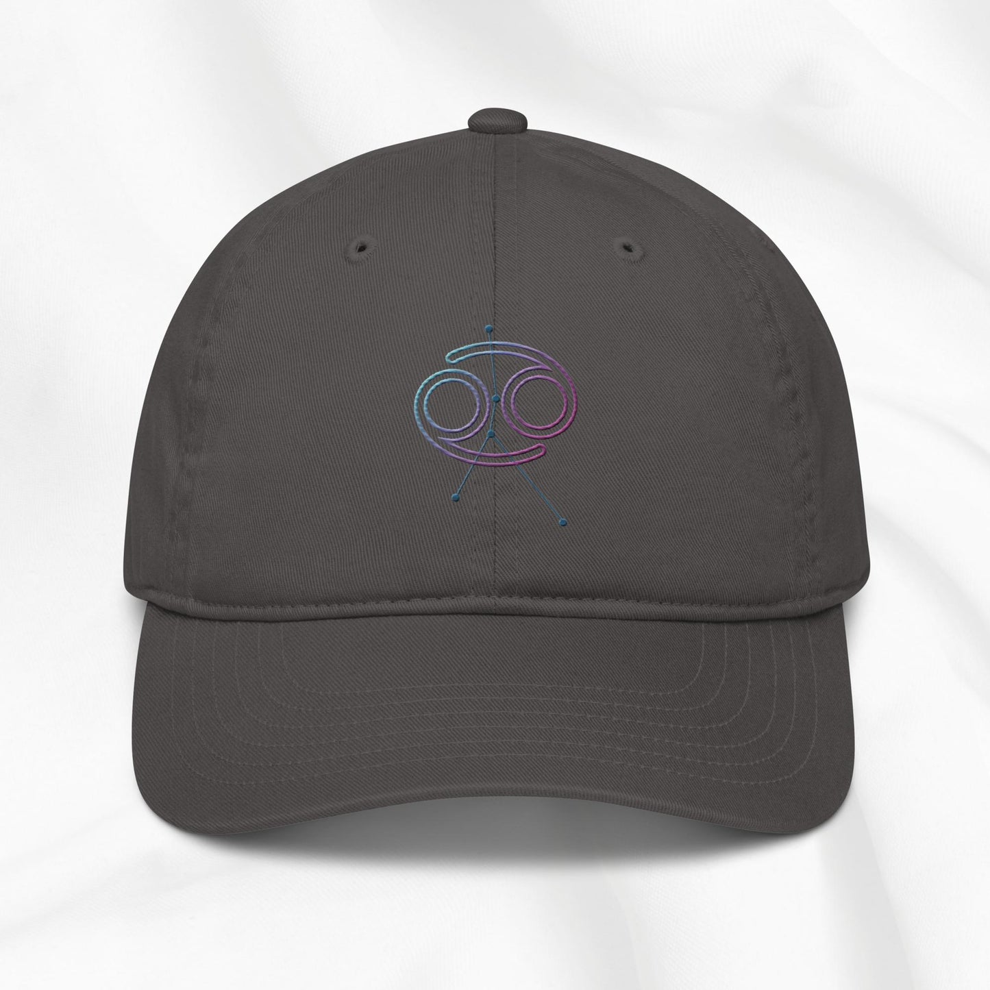 gray organic cotton baseball cap with embroidered Cancer zodiac graphic on a white background