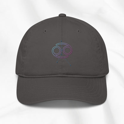 gray organic cotton baseball cap with embroidered Cancer zodiac graphic on a white background