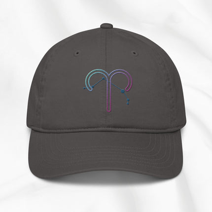 Gray organic cotton baseball cap with an embroidered Aries zodiac design on a white background 
