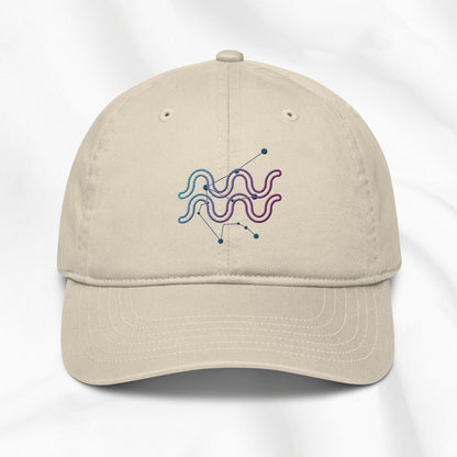 Organic cotton baseball cap in beige with zodiac design embroidered in multi color 