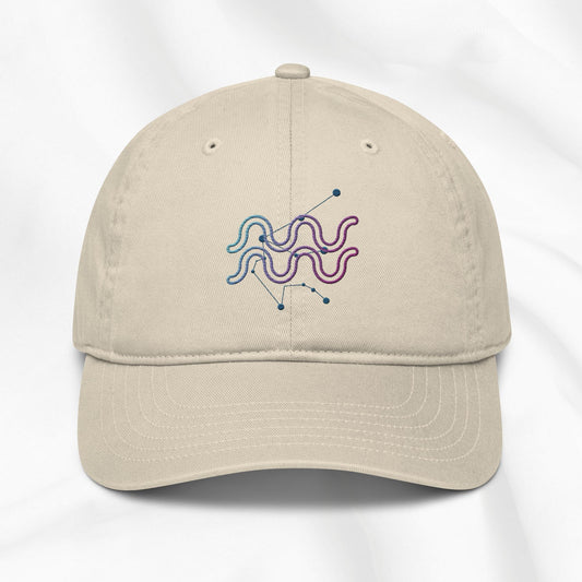 Organic cotton baseball cap in beige with zodiac design embroidered in multi color 