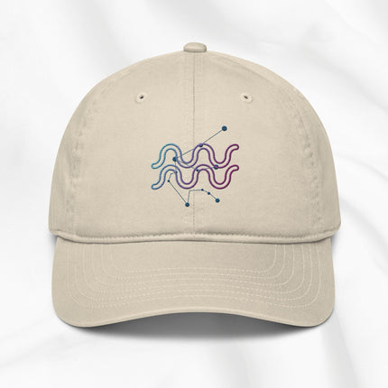 Organic cotton baseball cap in beige with zodiac design embroidered in multi color 
