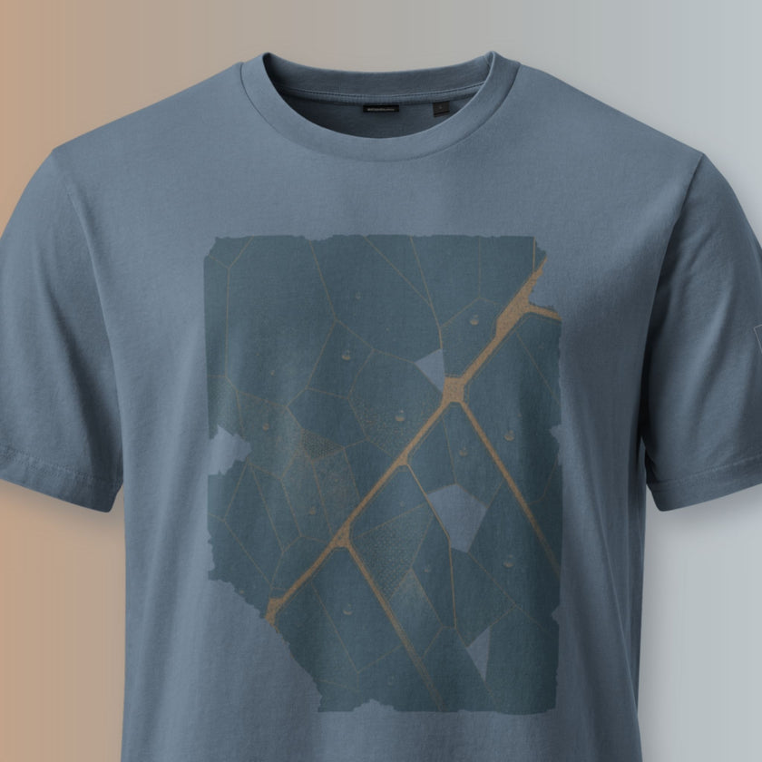 Close-up of the Veinwork abstract leaf-vein graphic printed on the Deep Teal organic cotton T-shirt.