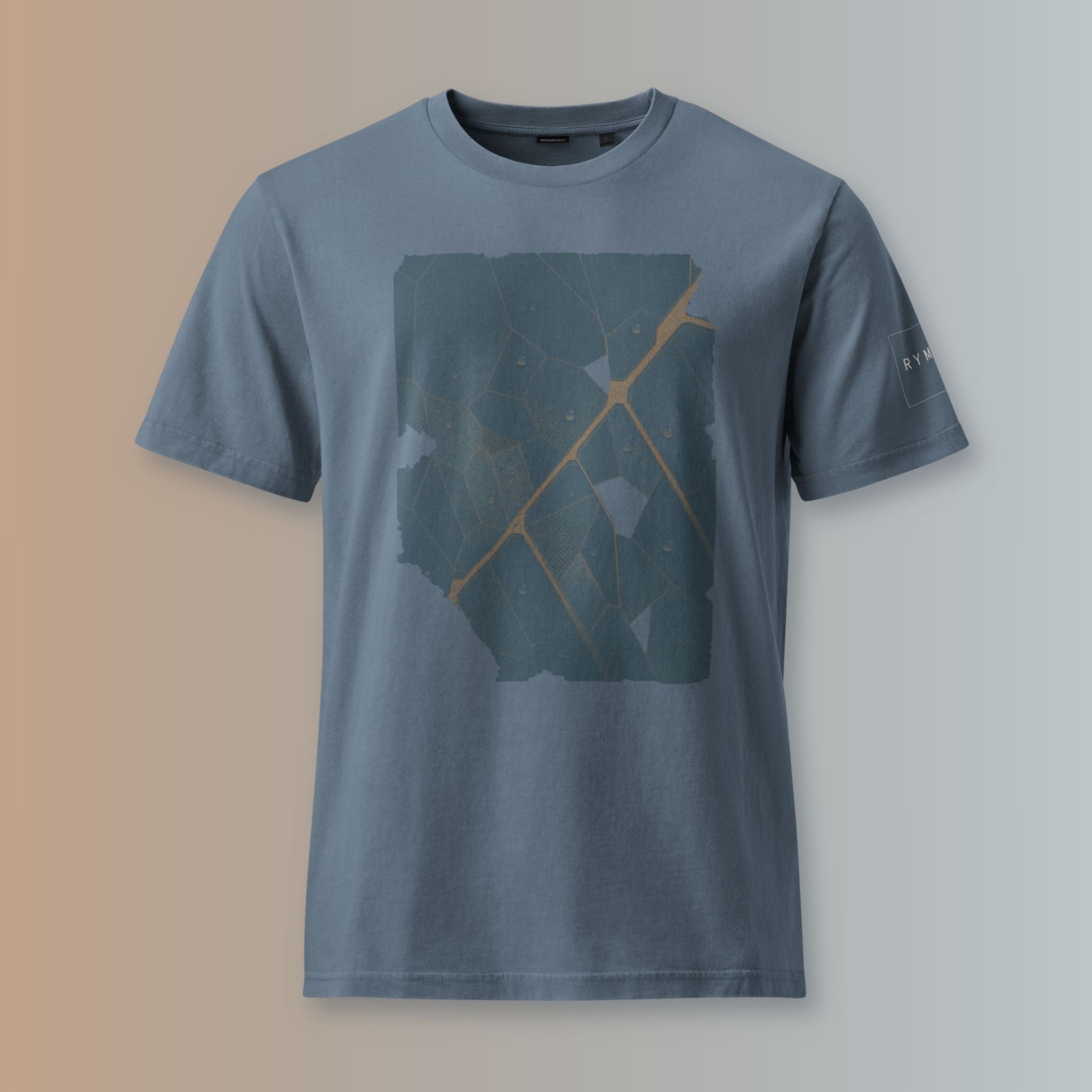 Deep Teal Veinwork organic cotton T-shirt with abstract botanical artwork in navy and warm copper tones.