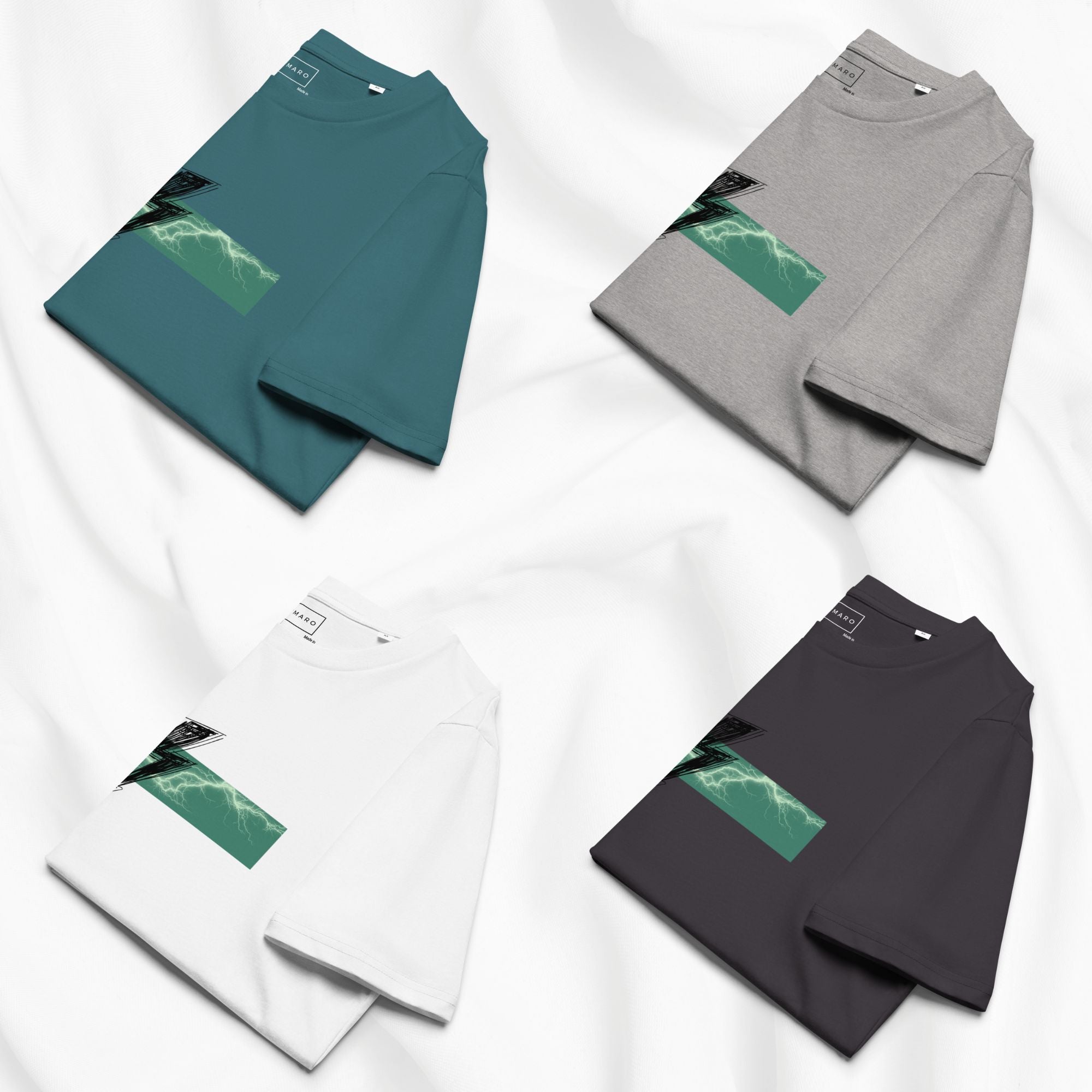 Color options for the Bolt T-shirt organic cotton graphic tee showing Stargazer, heather gray, white, and graphite