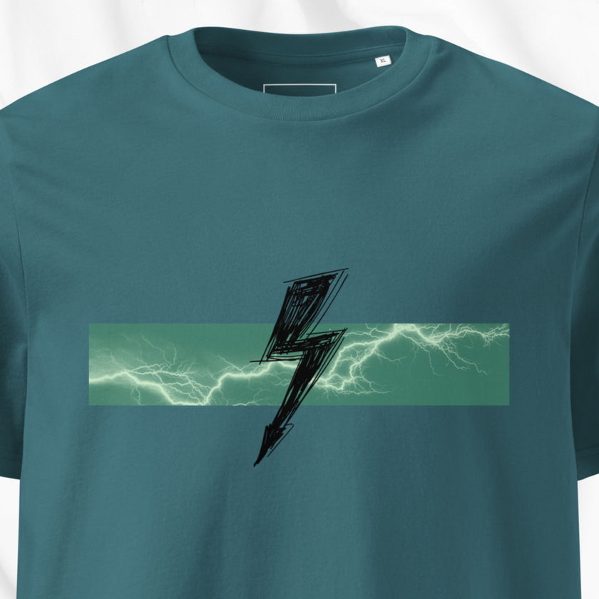Teal t-shirt with a graphic design of a lightning bolt on a white background