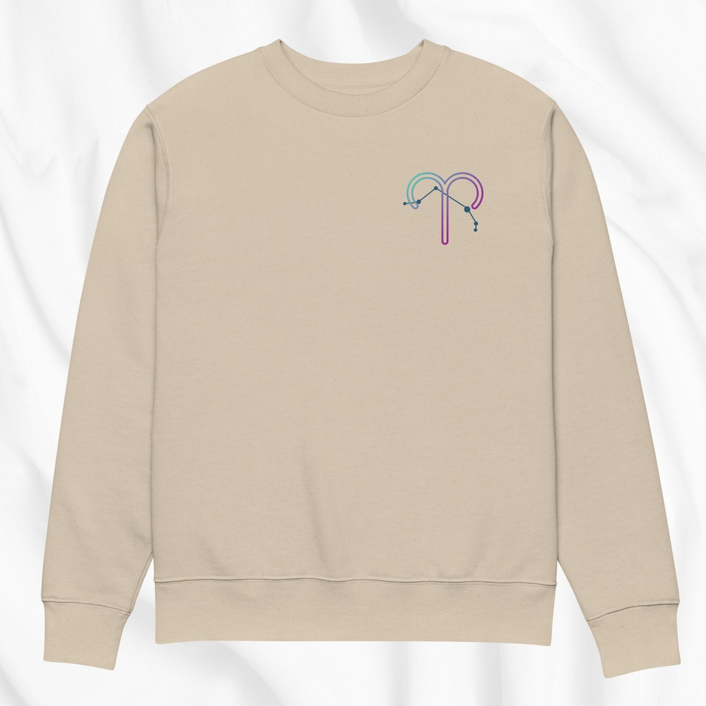 Beige sweatshirt with a colorful design on a white background