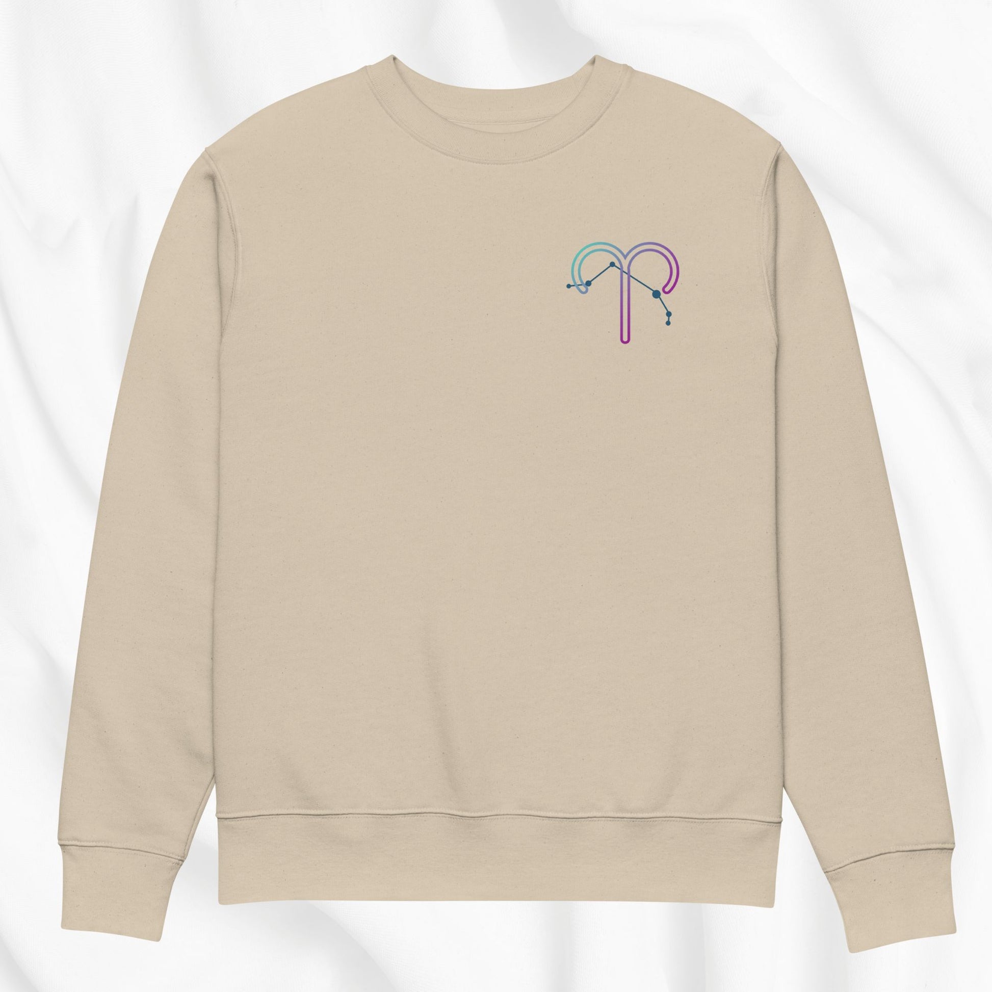 Beige sweatshirt with a colorful design on a white background