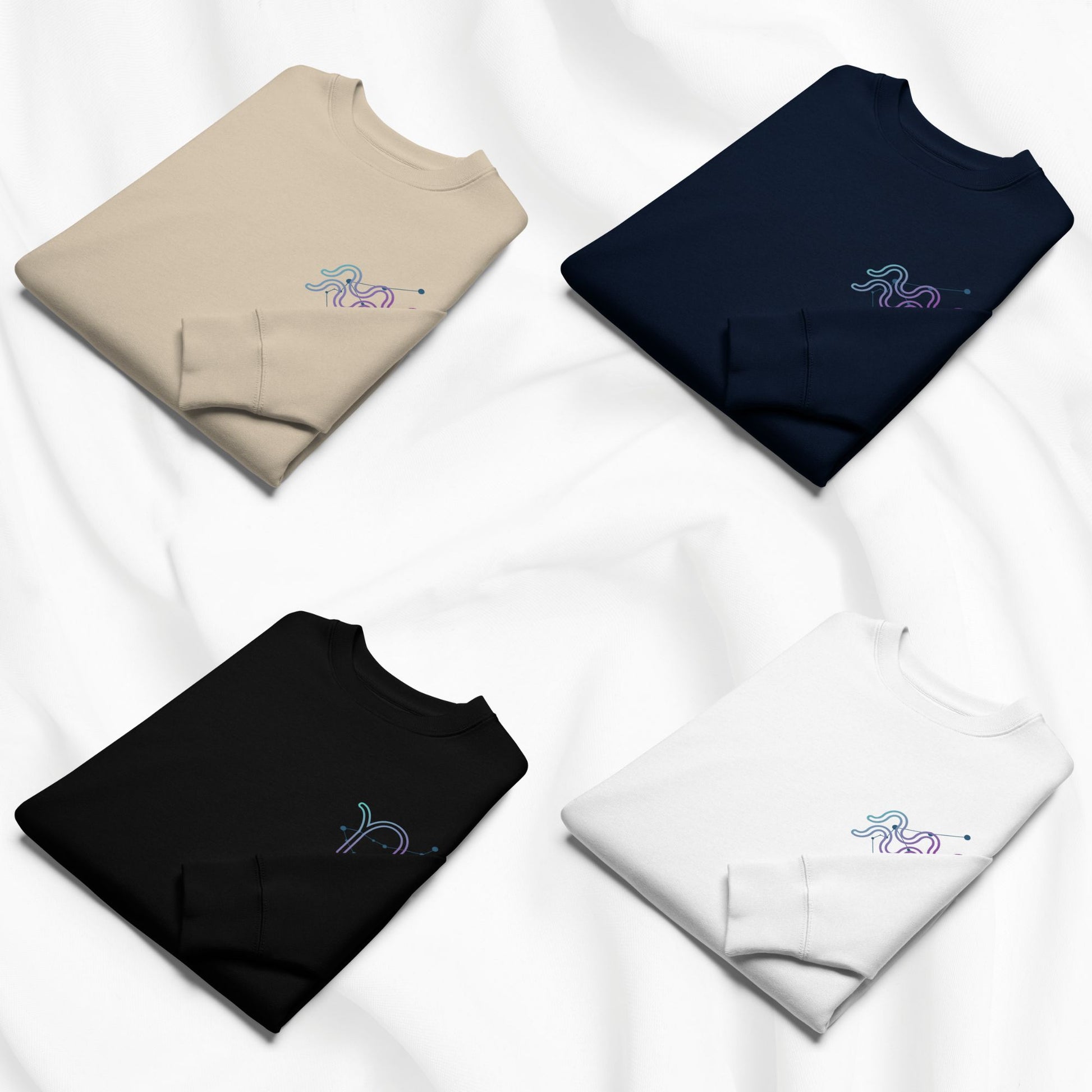 Four folded sweatshirts in beige, navy, black, and white with Aquarius designs on a white background.