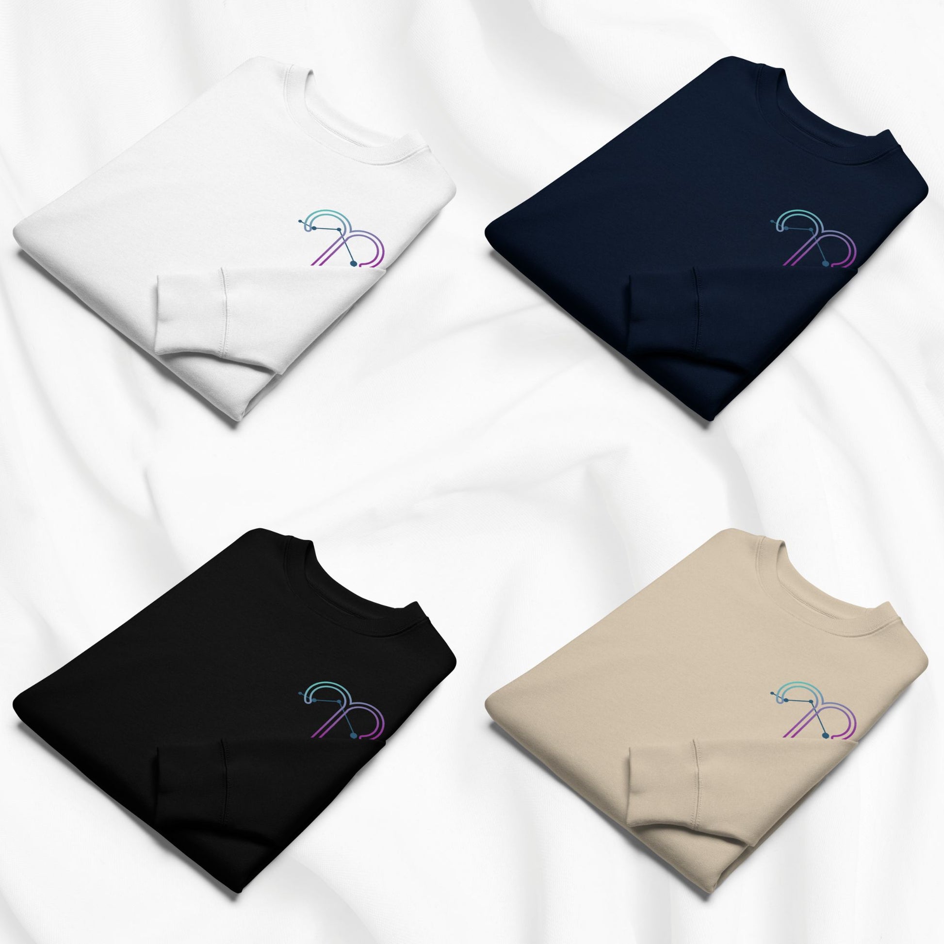 Four folded sweatshirts in white, navy, black, and beige with a colorful logo on a white background.