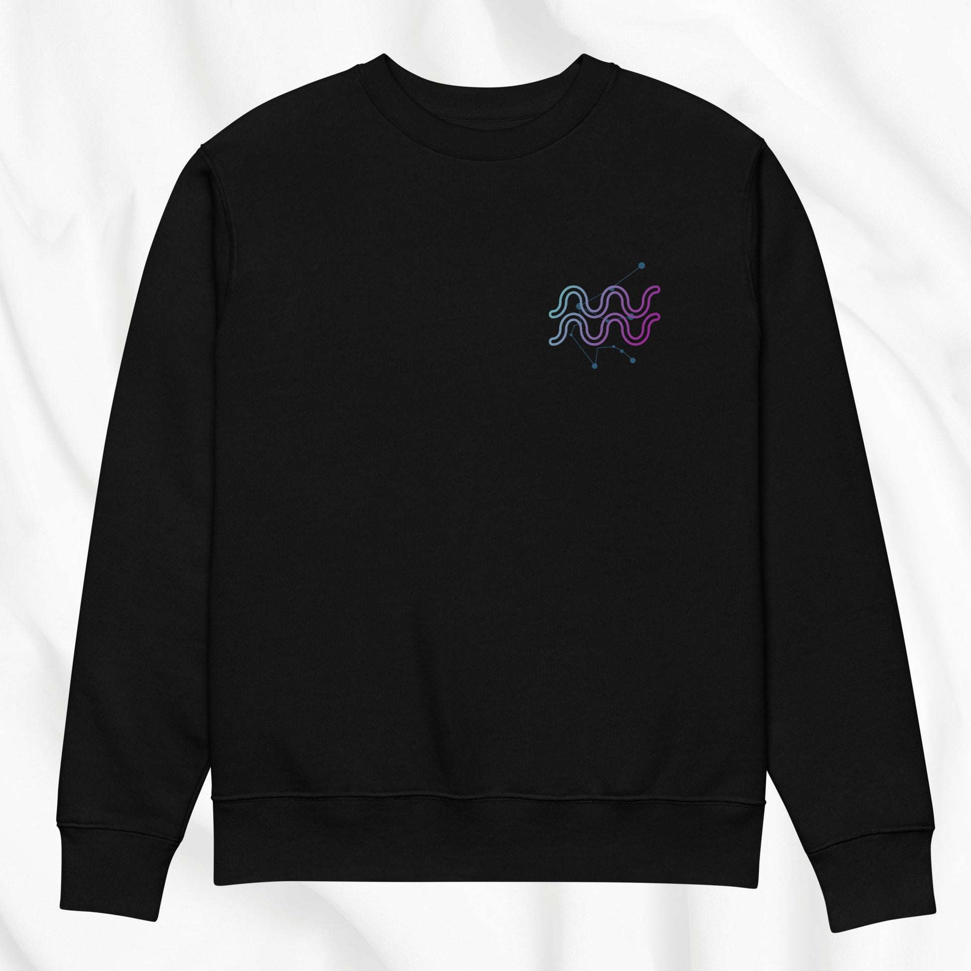 Black sweatshirt with a colorful Aquarius design on a white background