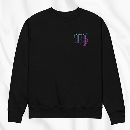 Black sweatshirt with colorful 'Leo' zodiac symbol on a white background